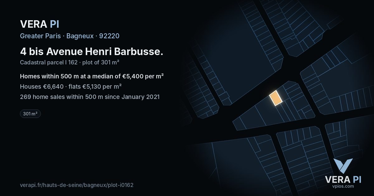4 bis Avenue Henri Barbusse, Bagneux at night – the plot lit, the parcels around coloured by the prices near them
