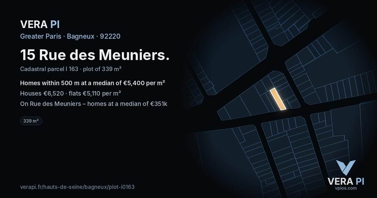 15 Rue des Meuniers, Bagneux at night – the plot lit, the parcels around coloured by the prices near them