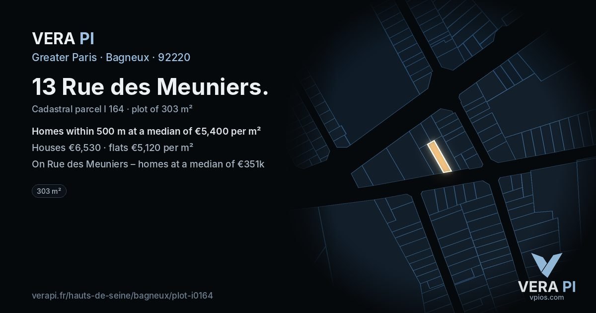 13 Rue des Meuniers, Bagneux at night – the plot lit, the parcels around coloured by the prices near them