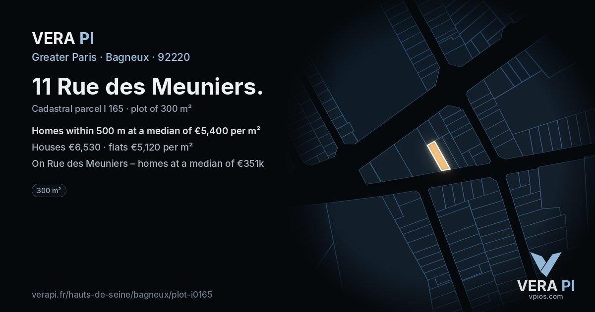 11 Rue des Meuniers, Bagneux at night – the plot lit, the parcels around coloured by the prices near them