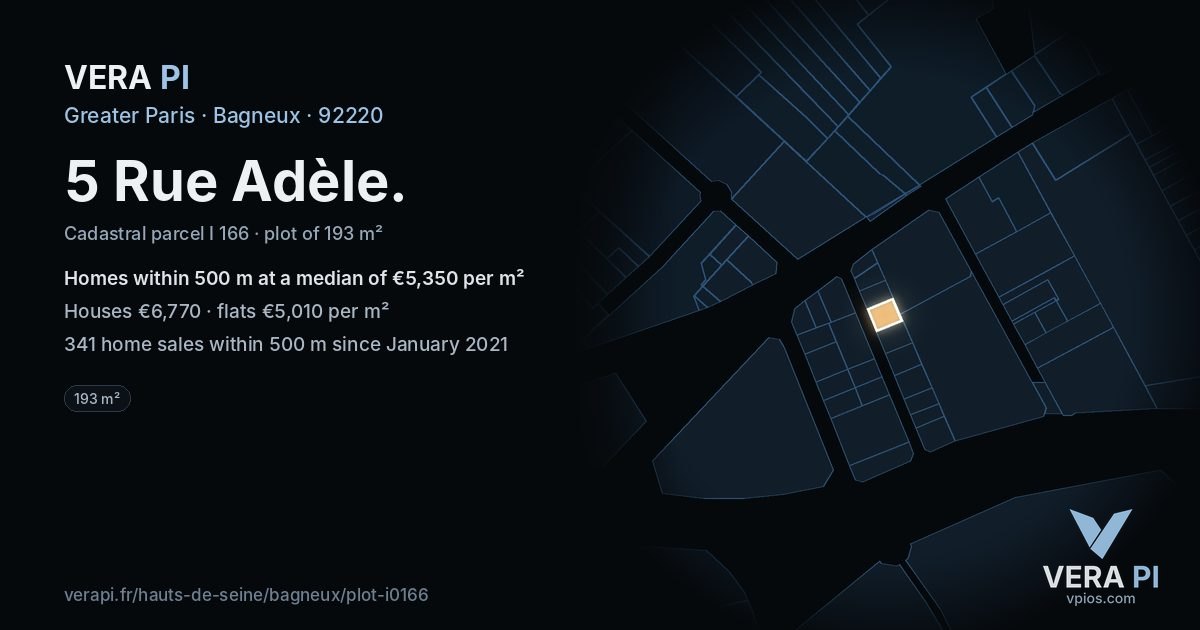 5 Rue Adèle, Bagneux at night – the plot lit, the parcels around coloured by the prices near them