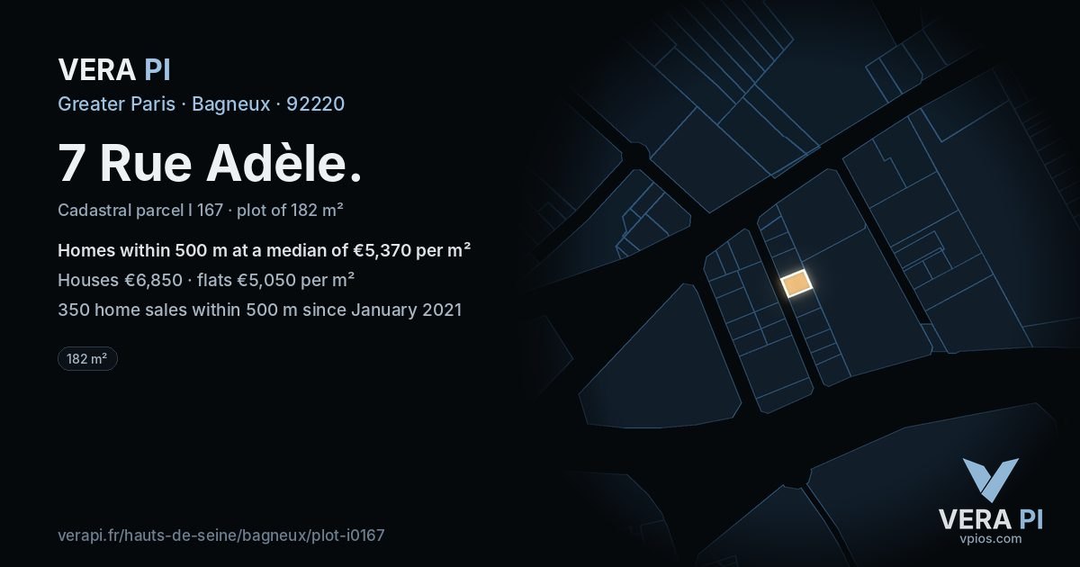 7 Rue Adèle, Bagneux at night – the plot lit, the parcels around coloured by the prices near them