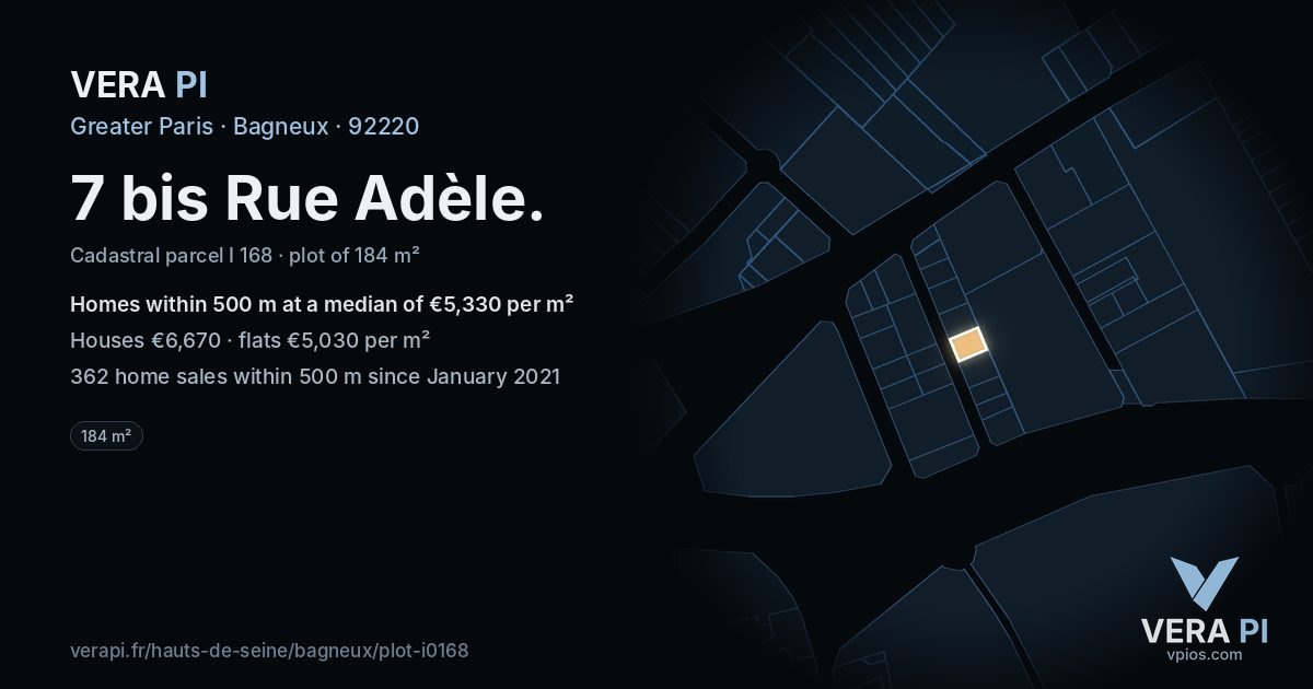 7 bis Rue Adèle, Bagneux at night – the plot lit, the parcels around coloured by the prices near them