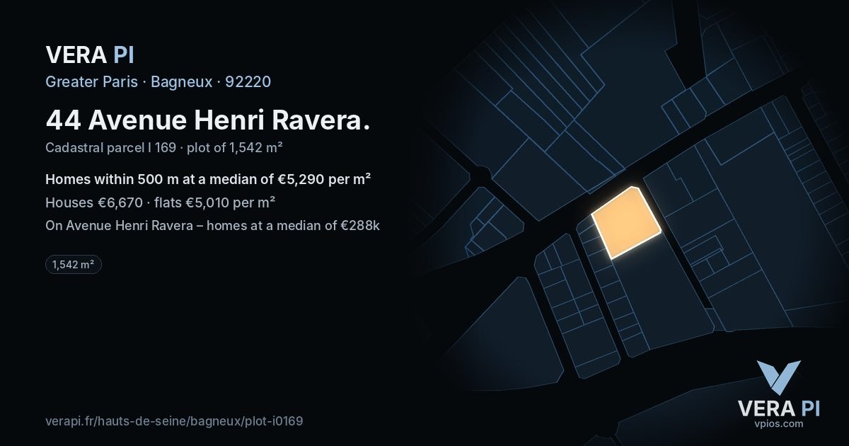 44 Avenue Henri Ravera, Bagneux at night – the plot lit, the parcels around coloured by the prices near them