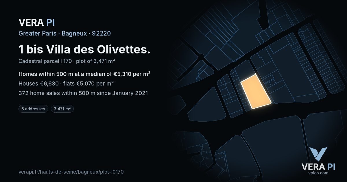 1 bis Villa des Olivettes, Bagneux at night – the plot lit, the parcels around coloured by the prices near them