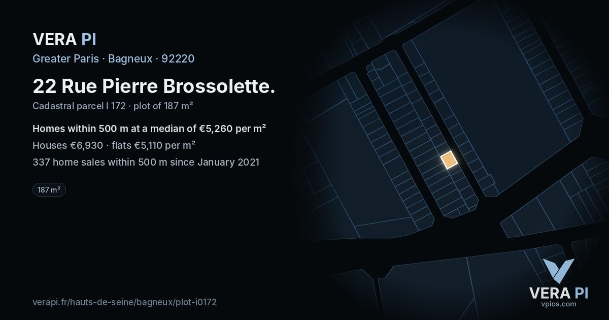 22 Rue Pierre Brossolette, Bagneux at night – the plot lit, the parcels around coloured by the prices near them