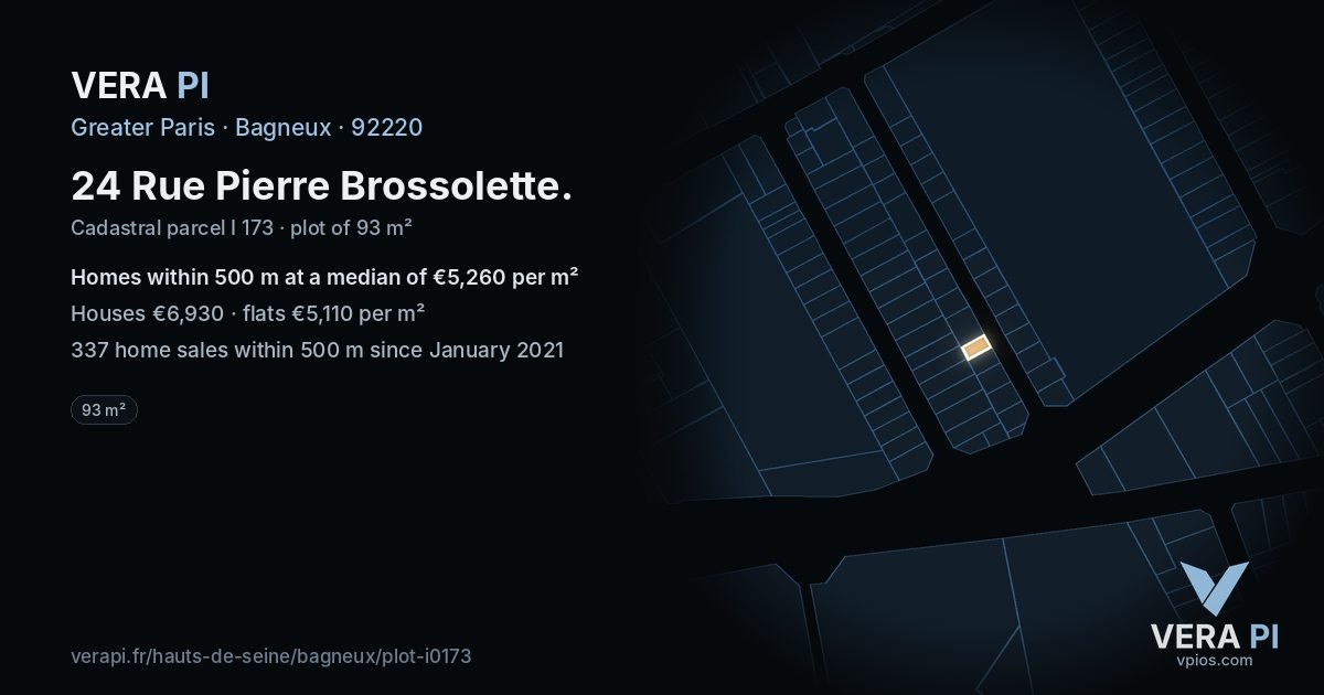 24 Rue Pierre Brossolette, Bagneux at night – the plot lit, the parcels around coloured by the prices near them