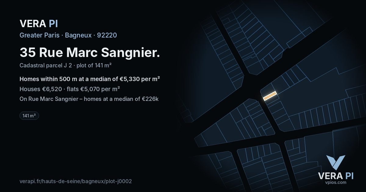 35 Rue Marc Sangnier, Bagneux at night – the plot lit, the parcels around coloured by the prices near them