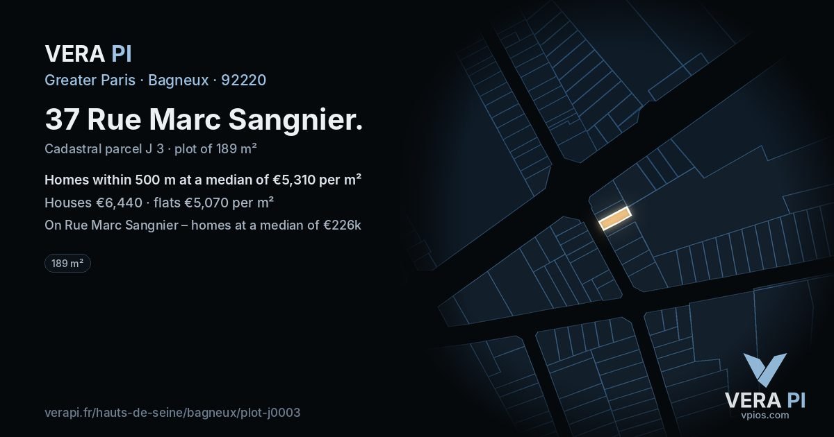 37 Rue Marc Sangnier, Bagneux at night – the plot lit, the parcels around coloured by the prices near them