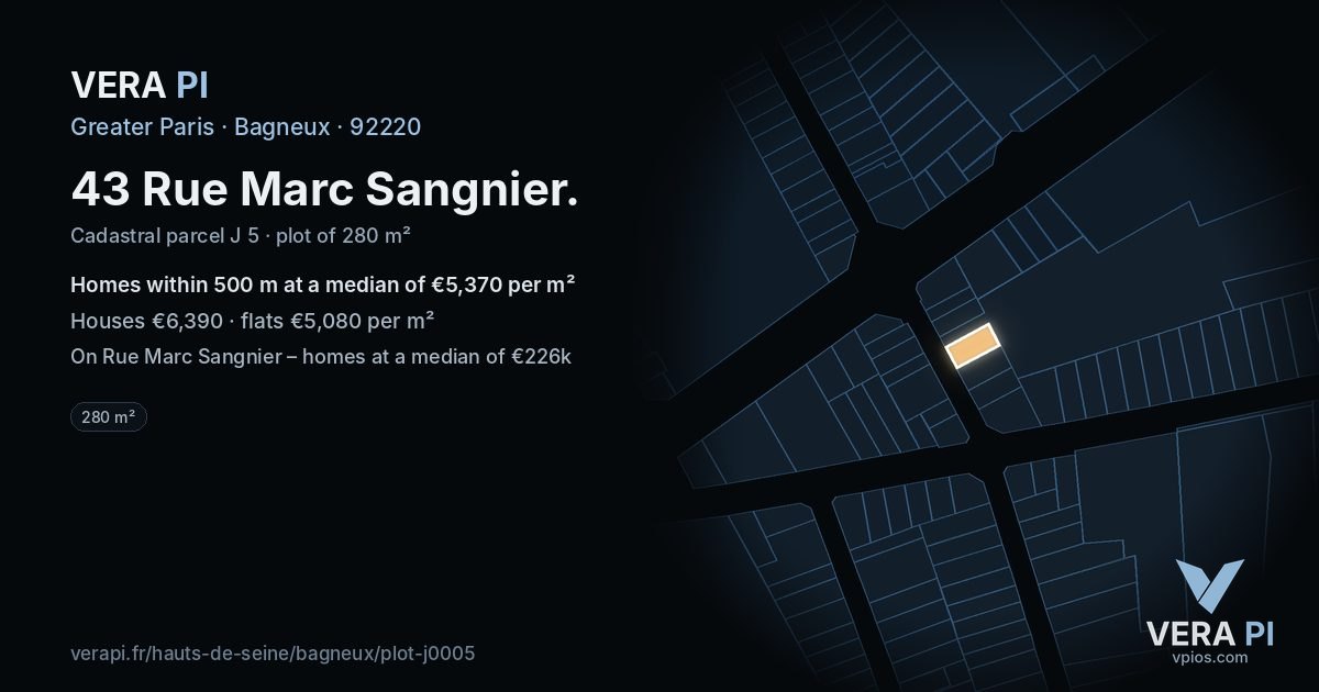 43 Rue Marc Sangnier, Bagneux at night – the plot lit, the parcels around coloured by the prices near them