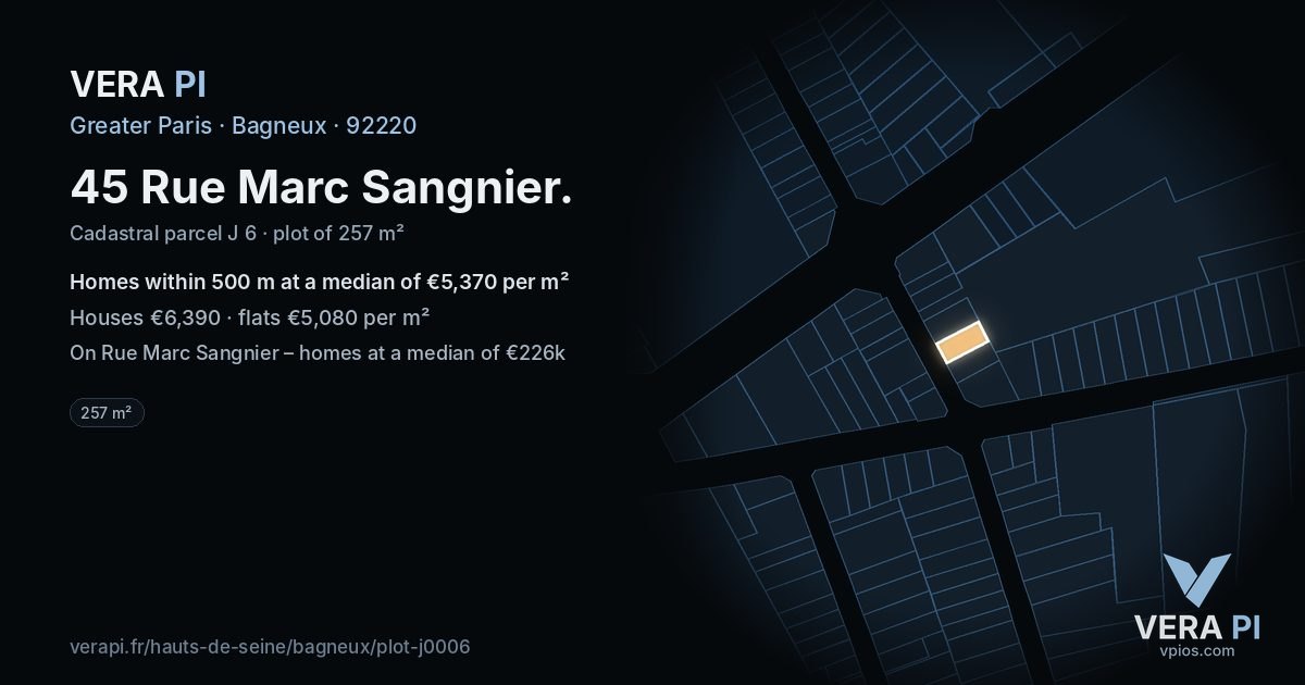 45 Rue Marc Sangnier, Bagneux at night – the plot lit, the parcels around coloured by the prices near them