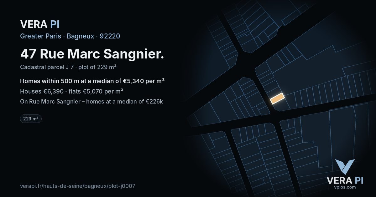 47 Rue Marc Sangnier, Bagneux at night – the plot lit, the parcels around coloured by the prices near them