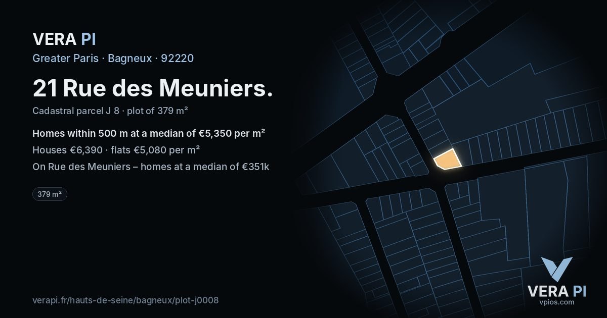 21 Rue des Meuniers, Bagneux at night – the plot lit, the parcels around coloured by the prices near them