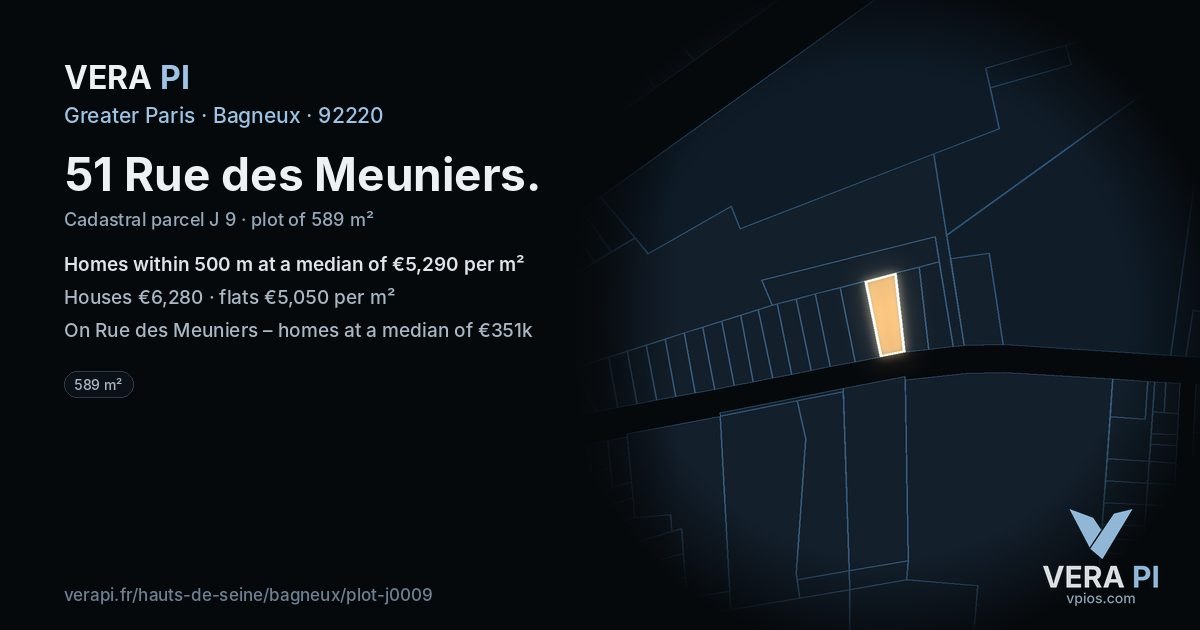 51 Rue des Meuniers, Bagneux at night – the plot lit, the parcels around coloured by the prices near them