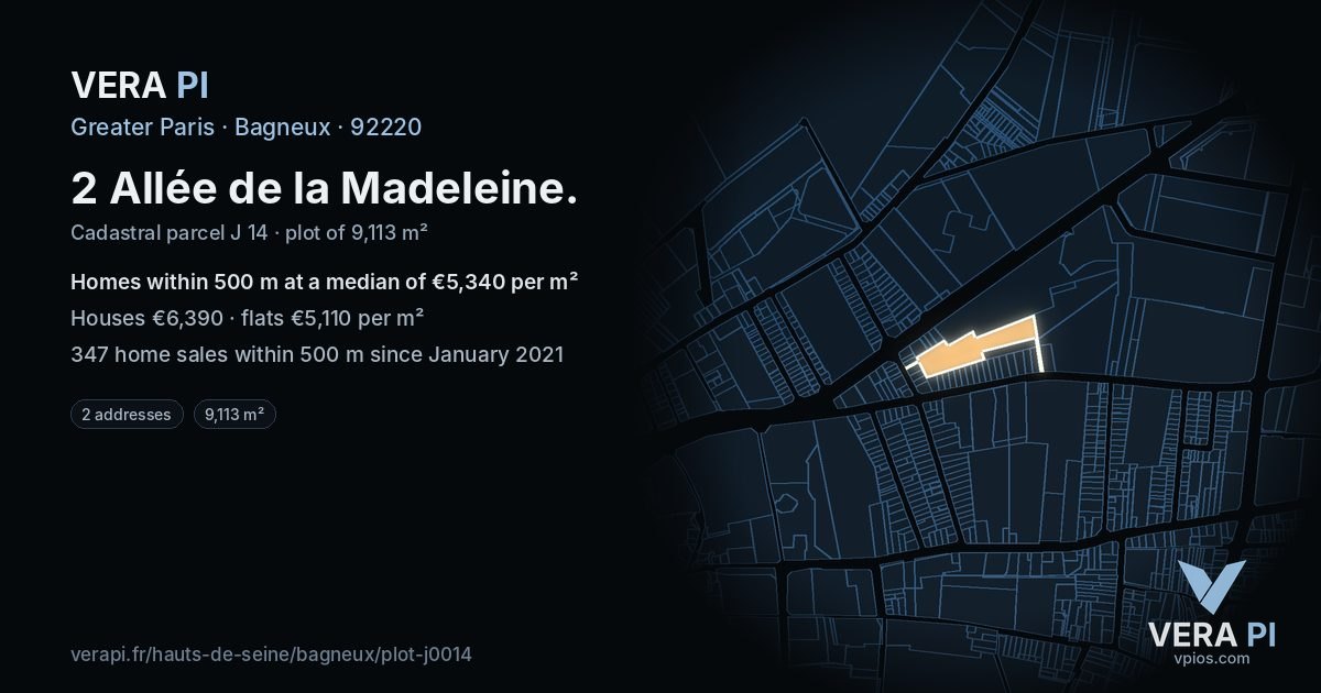 2 Allée de la Madeleine, Bagneux at night – the plot lit, the parcels around coloured by the prices near them