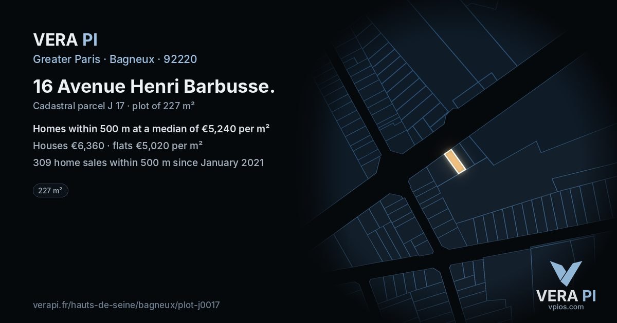 16 Avenue Henri Barbusse, Bagneux at night – the plot lit, the parcels around coloured by the prices near them