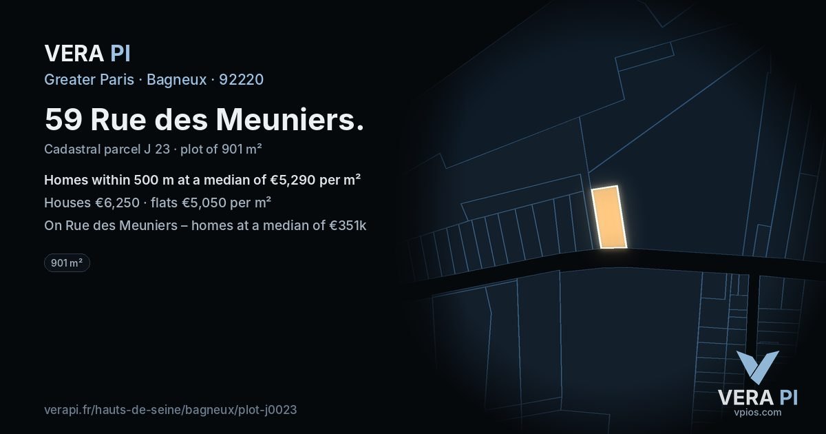 59 Rue des Meuniers, Bagneux at night – the plot lit, the parcels around coloured by the prices near them