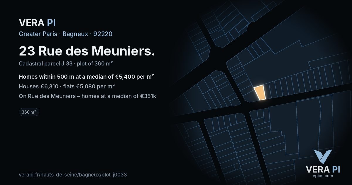 23 Rue des Meuniers, Bagneux at night – the plot lit, the parcels around coloured by the prices near them