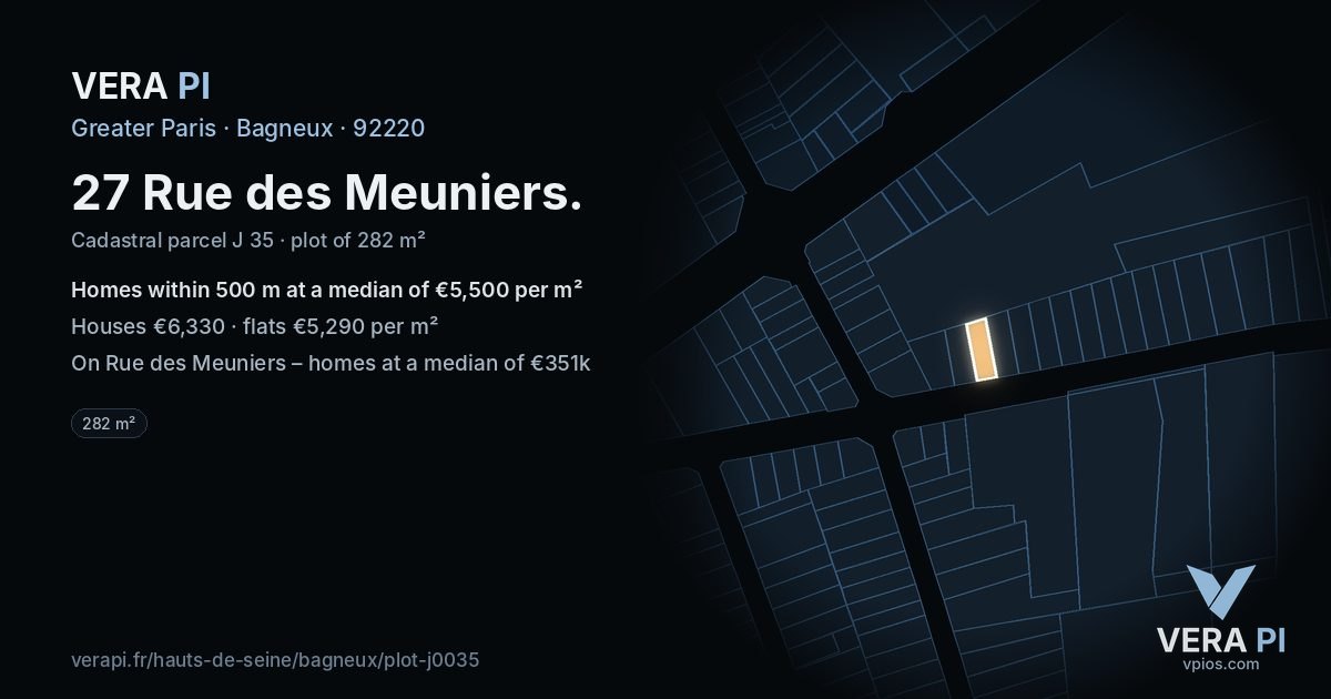 27 Rue des Meuniers, Bagneux at night – the plot lit, the parcels around coloured by the prices near them