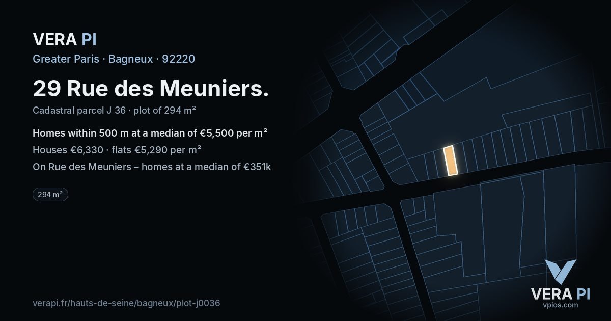 29 Rue des Meuniers, Bagneux at night – the plot lit, the parcels around coloured by the prices near them
