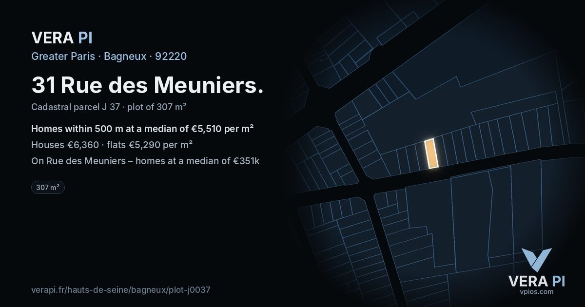 31 Rue des Meuniers, Bagneux at night – the plot lit, the parcels around coloured by the prices near them