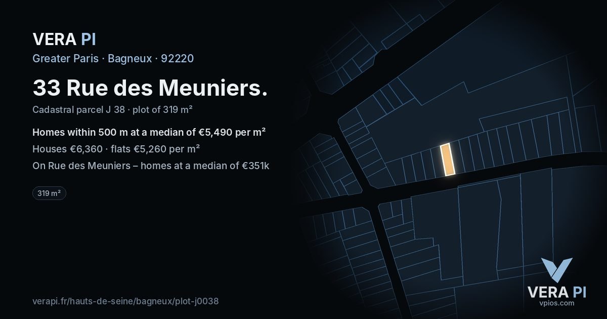 33 Rue des Meuniers, Bagneux at night – the plot lit, the parcels around coloured by the prices near them