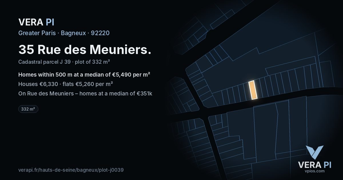 35 Rue des Meuniers, Bagneux at night – the plot lit, the parcels around coloured by the prices near them