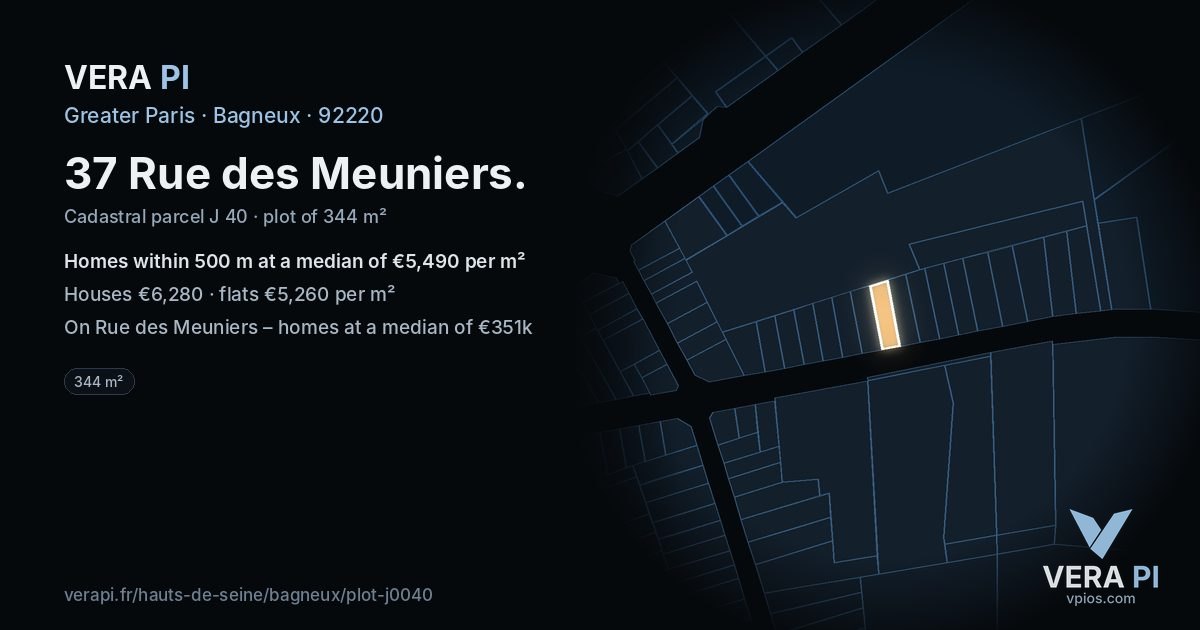 37 Rue des Meuniers, Bagneux at night – the plot lit, the parcels around coloured by the prices near them