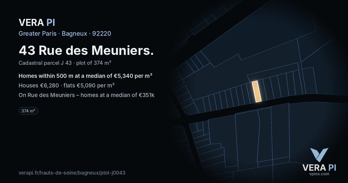 43 Rue des Meuniers, Bagneux at night – the plot lit, the parcels around coloured by the prices near them
