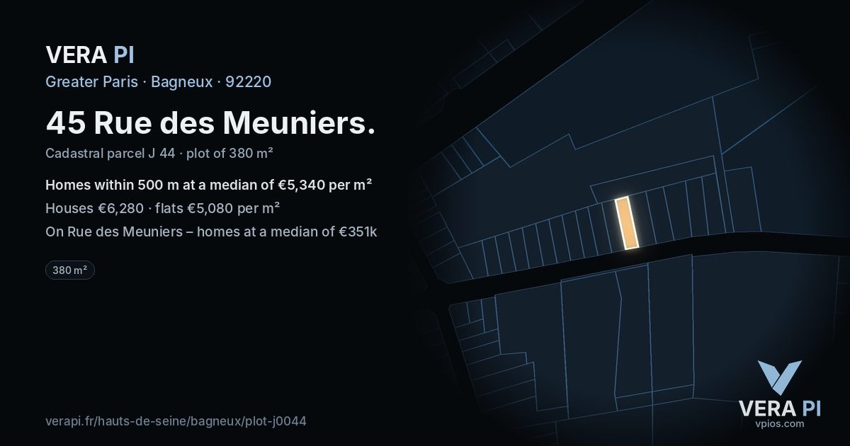 45 Rue des Meuniers, Bagneux at night – the plot lit, the parcels around coloured by the prices near them