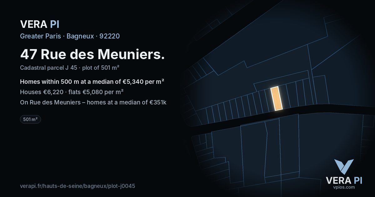 47 Rue des Meuniers, Bagneux at night – the plot lit, the parcels around coloured by the prices near them