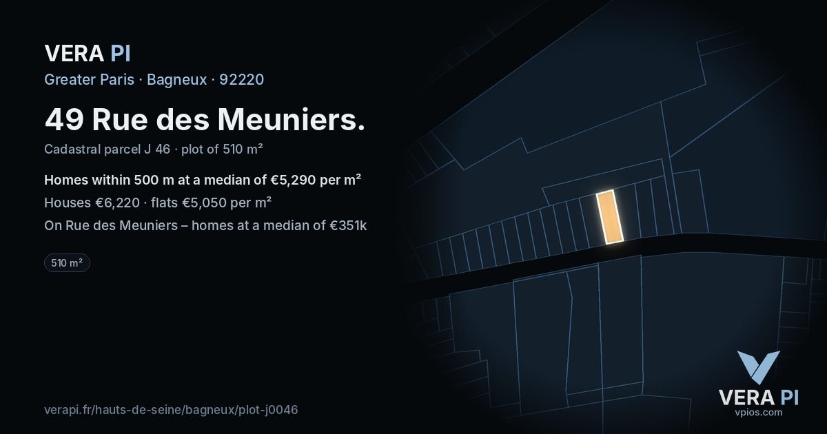 49 Rue des Meuniers, Bagneux at night – the plot lit, the parcels around coloured by the prices near them