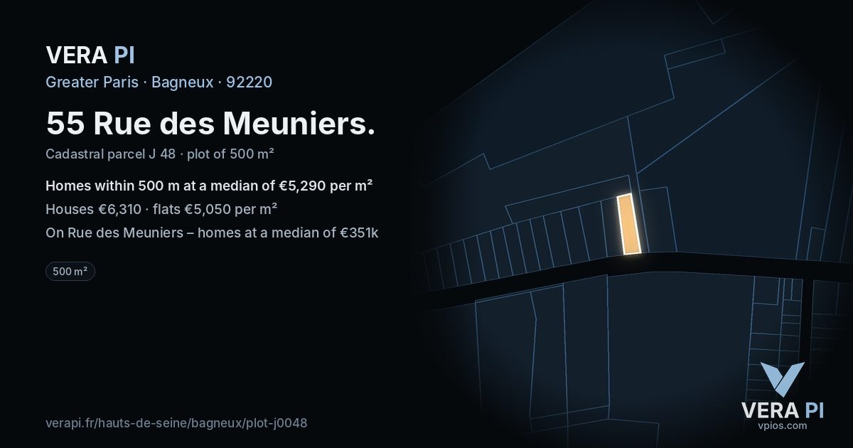 55 Rue des Meuniers, Bagneux at night – the plot lit, the parcels around coloured by the prices near them