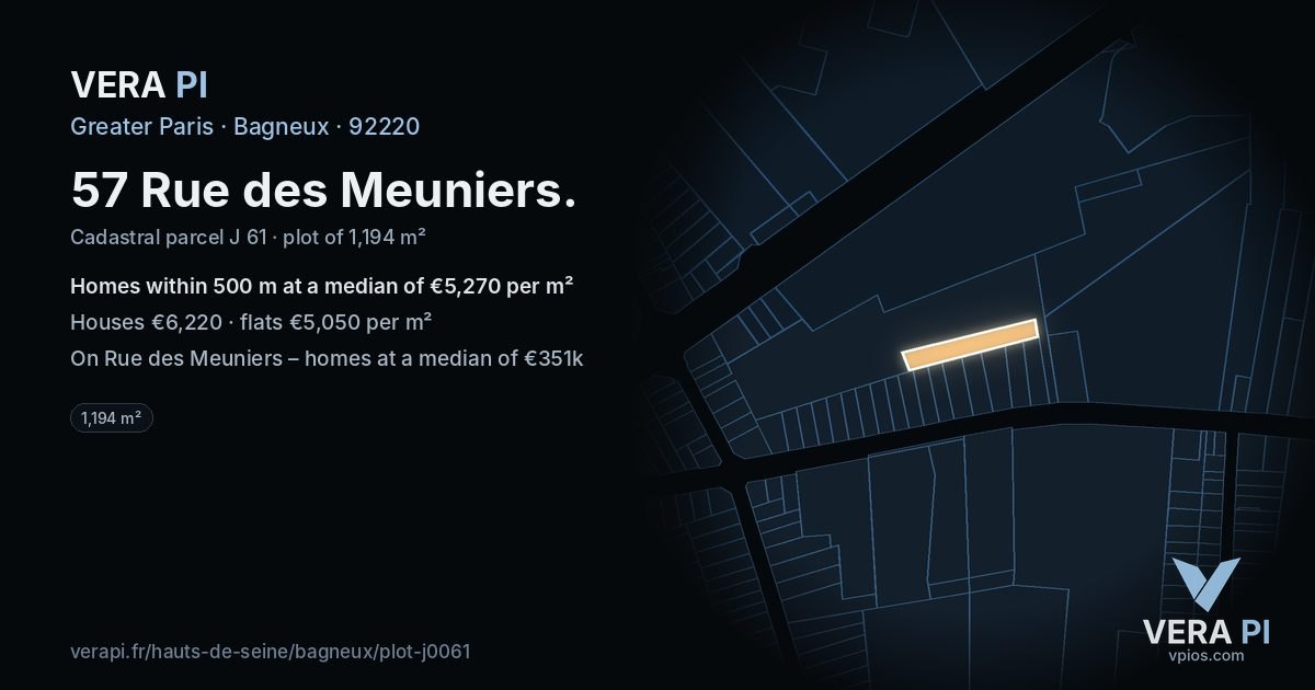 57 Rue des Meuniers, Bagneux at night – the plot lit, the parcels around coloured by the prices near them