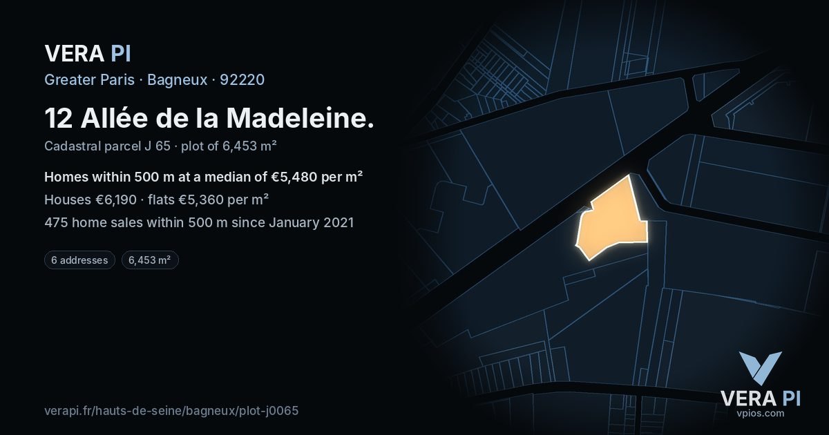 12 Allée de la Madeleine, Bagneux at night – the plot lit, the parcels around coloured by the prices near them