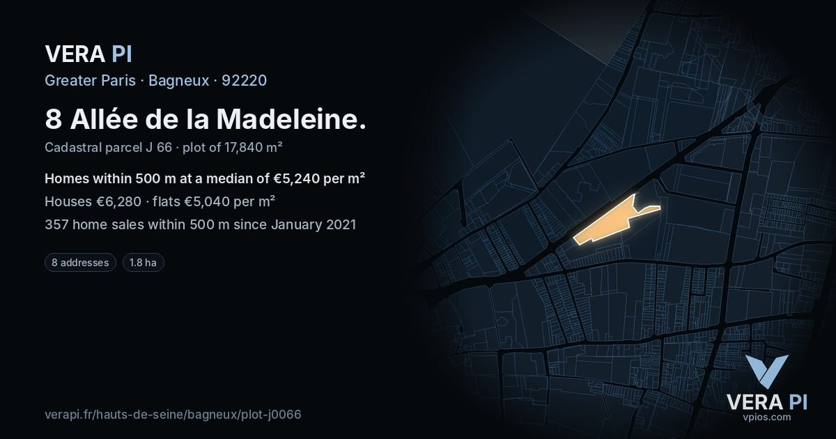 8 Allée de la Madeleine, Bagneux at night – the plot lit, the parcels around coloured by the prices near them