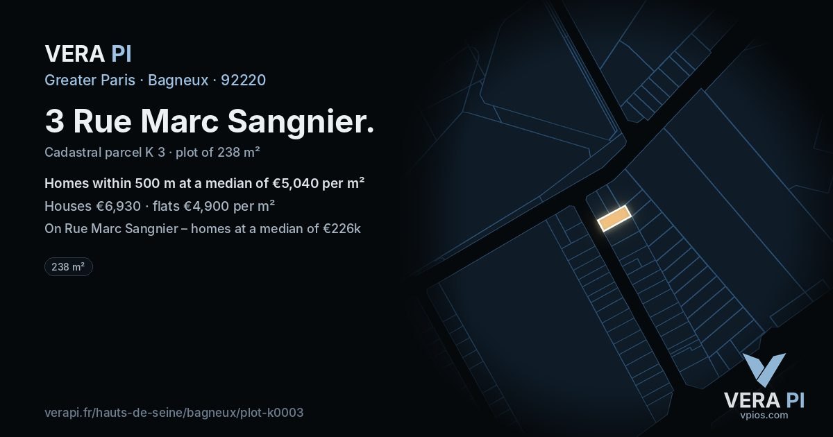 3 Rue Marc Sangnier, Bagneux at night – the plot lit, the parcels around coloured by the prices near them