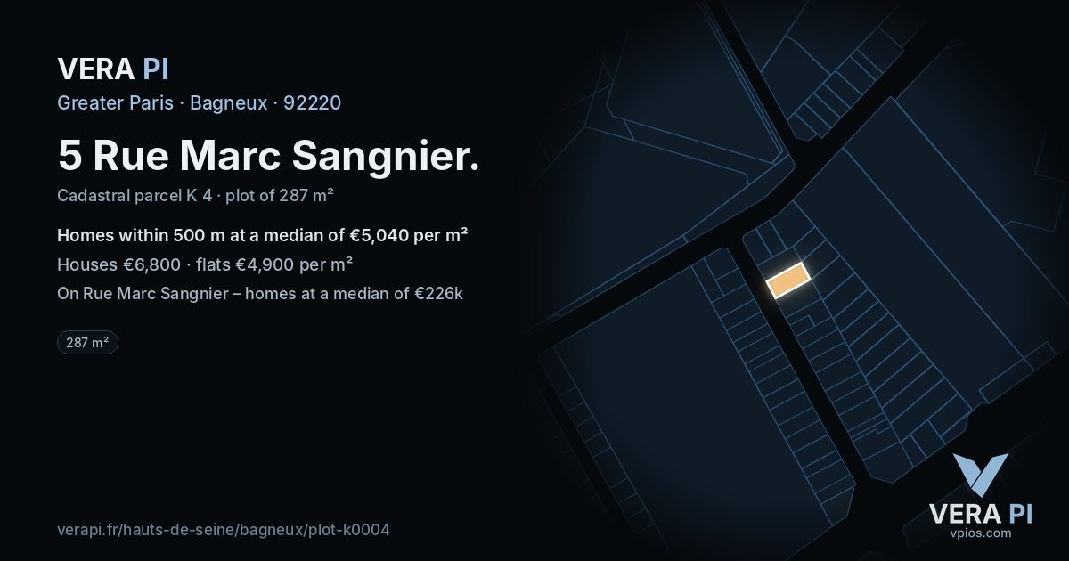 5 Rue Marc Sangnier, Bagneux at night – the plot lit, the parcels around coloured by the prices near them