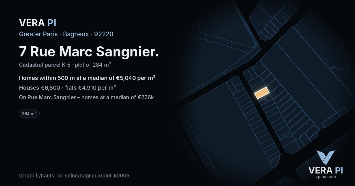 7 Rue Marc Sangnier, Bagneux at night – the plot lit, the parcels around coloured by the prices near them