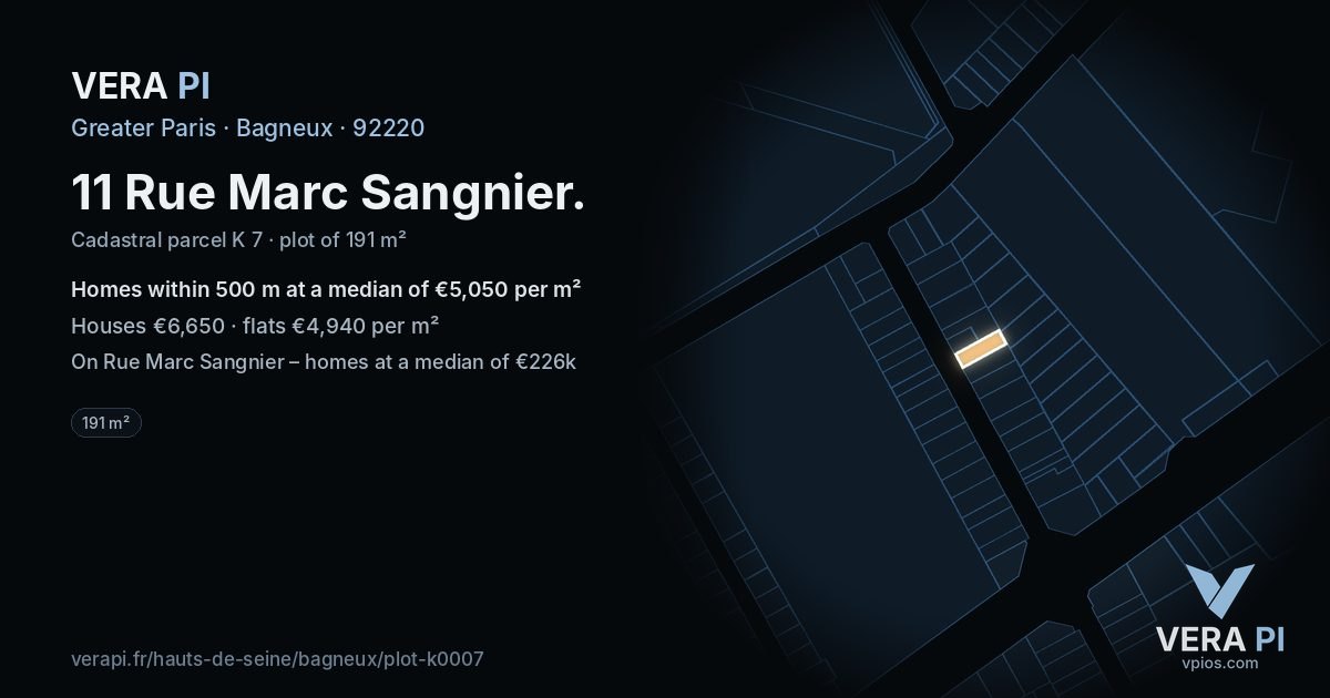 11 Rue Marc Sangnier, Bagneux at night – the plot lit, the parcels around coloured by the prices near them