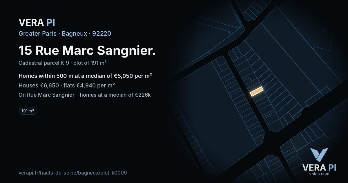 15 Rue Marc Sangnier, Bagneux at night – the plot lit, the parcels around coloured by the prices near them