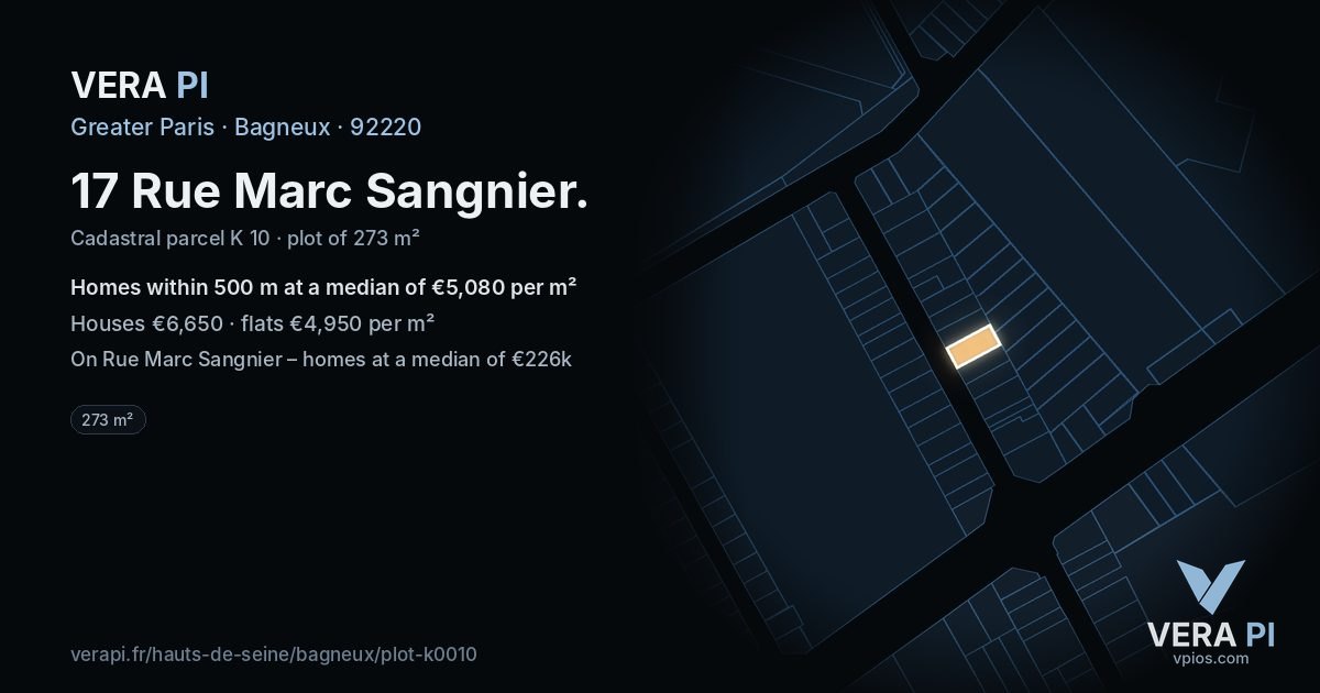 17 Rue Marc Sangnier, Bagneux at night – the plot lit, the parcels around coloured by the prices near them