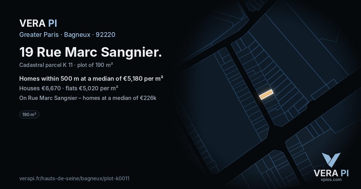 19 Rue Marc Sangnier, Bagneux at night – the plot lit, the parcels around coloured by the prices near them