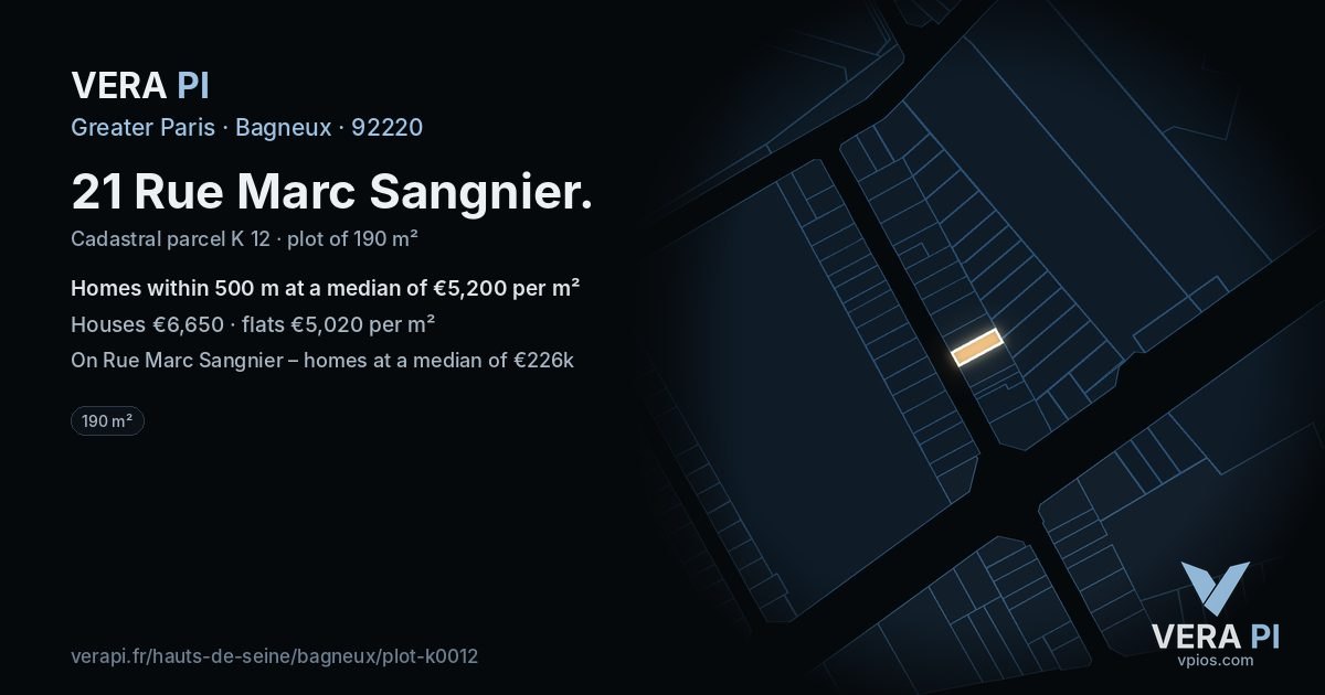 21 Rue Marc Sangnier, Bagneux at night – the plot lit, the parcels around coloured by the prices near them