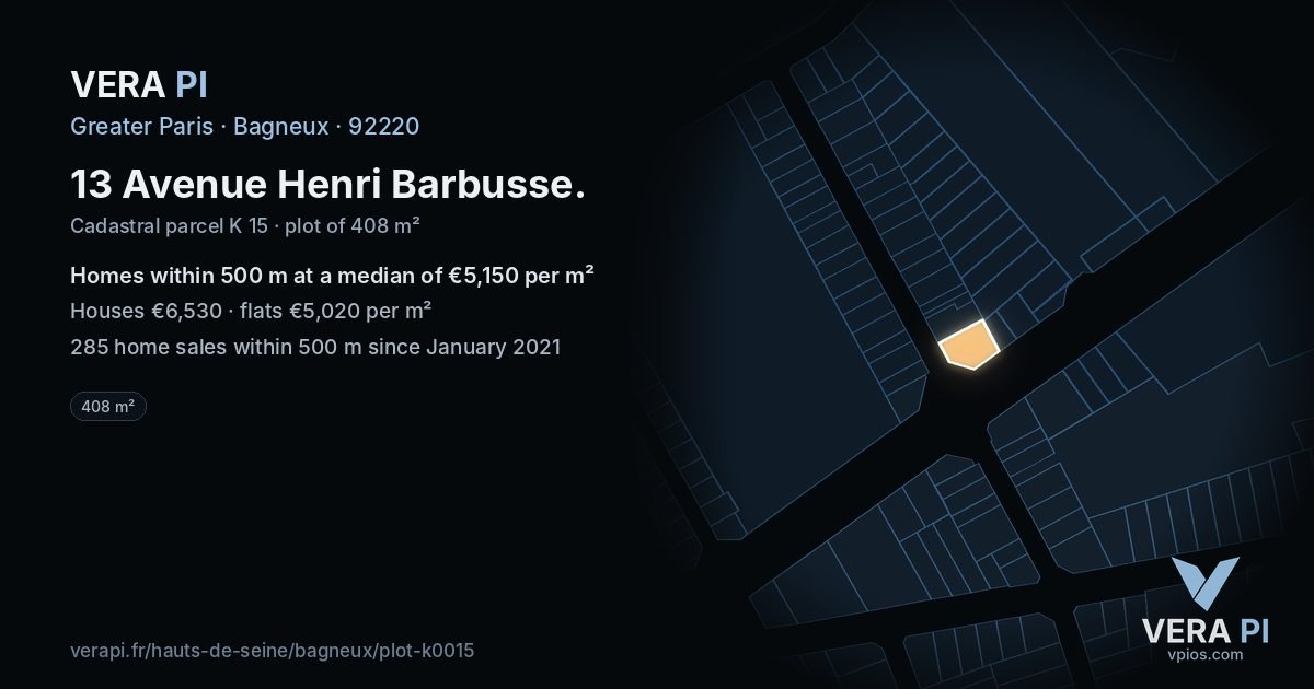 13 Avenue Henri Barbusse, Bagneux at night – the plot lit, the parcels around coloured by the prices near them
