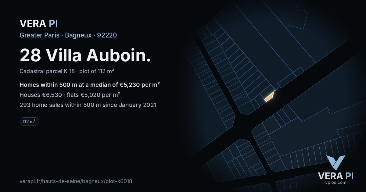 28 Villa Auboin, Bagneux at night – the plot lit, the parcels around coloured by the prices near them