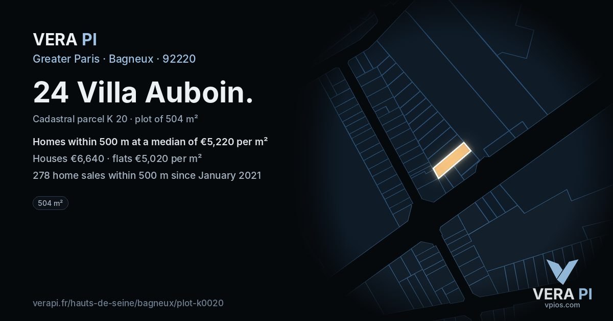 24 Villa Auboin, Bagneux at night – the plot lit, the parcels around coloured by the prices near them