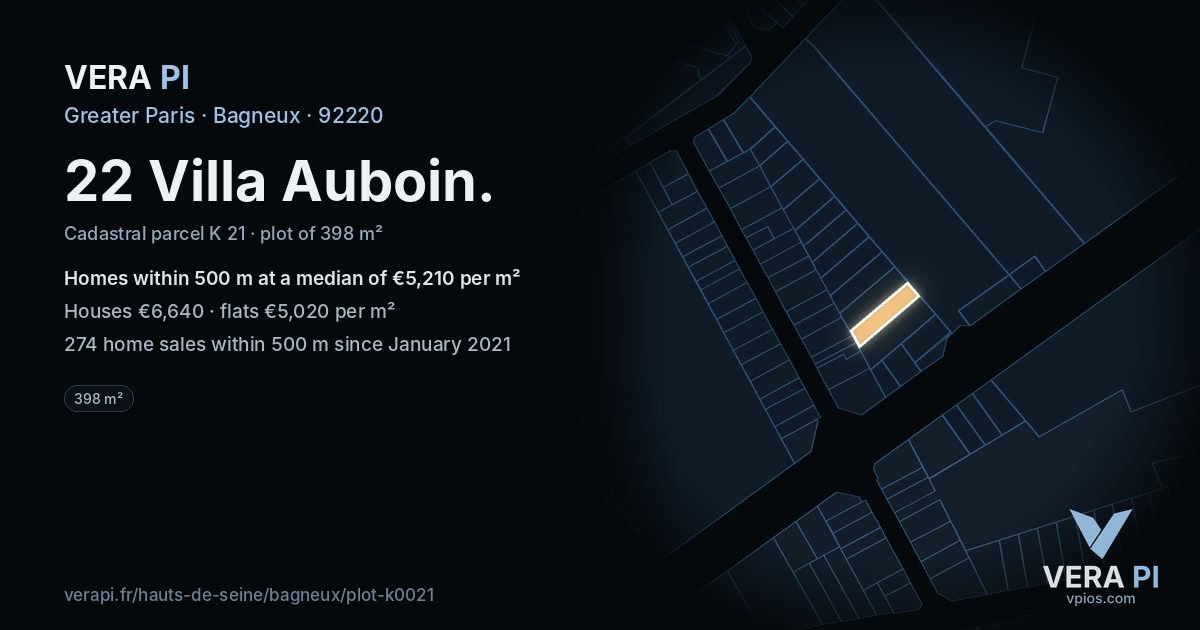 22 Villa Auboin, Bagneux at night – the plot lit, the parcels around coloured by the prices near them