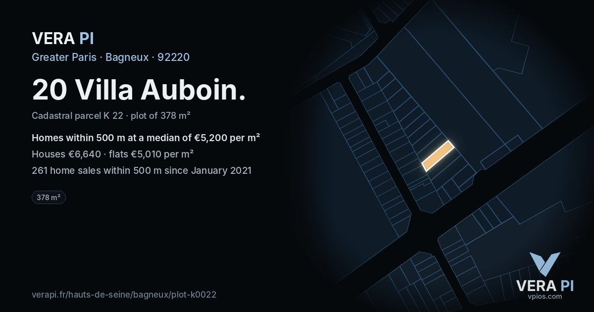 20 Villa Auboin, Bagneux at night – the plot lit, the parcels around coloured by the prices near them