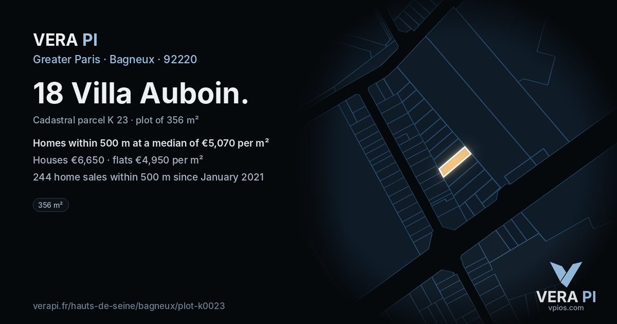 18 Villa Auboin, Bagneux at night – the plot lit, the parcels around coloured by the prices near them
